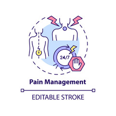Pain management concept icon. Patient care. Service of medical center abstract idea thin line illustration. Isolated outline drawing. Editable stroke. Arial, Myriad Pro-Bold fonts used