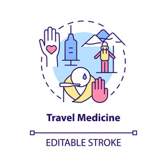 Travel medicine concept icon. Healthcare for tourists. Service of medical center abstract idea thin line illustration. Isolated outline drawing. Editable stroke. Arial, Myriad Pro-Bold fonts used