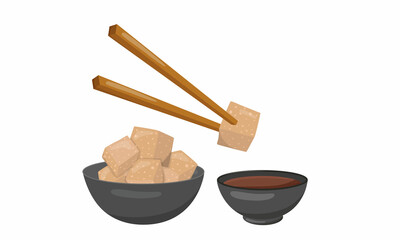 Tofu in bowl with chopsticks and soya sauce. Vegan bio soy cheese. Vector stock illustration isolated on white background. 
