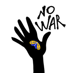 Poster no war. A hand with a moth in the colors of the Ukrainian flag.