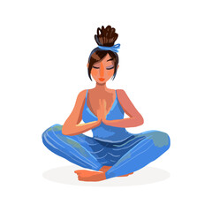 Young blonde woman doing yoga and meditation