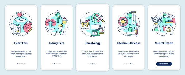 Providing medical services onboarding mobile app screen. Medicine walkthrough 5 steps graphic instructions pages with linear concepts. UI, UX, GUI template. Myriad Pro-Bold, Regular fonts used