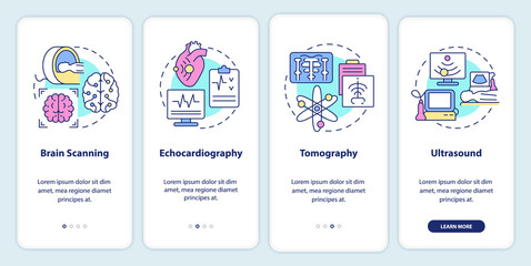 Fototapeta premium Diagnostic imaging onboarding mobile app screen. Medical research walkthrough 4 steps graphic instructions pages with linear concepts. UI, UX, GUI template. Myriad Pro-Bold, Regular fonts used