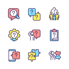 Solving different questions RGB color icons set. Looking for answers and information support. Isolated vector illustrations. Simple filled line drawings collection. Editable stroke