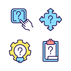 Questions and answers in technical support RGB color icons set. Access to digital data storage. Isolated vector illustrations. Simple filled line drawings collection. Editable stroke