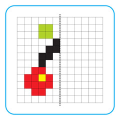 Picture reflection educational game for children. Learn to complete symmetrical worksheets for preschool activities. Coloring grid pages, visual perception and pixel art. Finish the cherry fruit.
