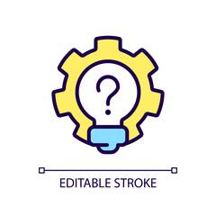 Creative question RGB color icon. Lightbulb and cogwheel. Invention work and innovation idea. Isolated vector illustration. Simple filled line drawing. Editable stroke. Arial font used