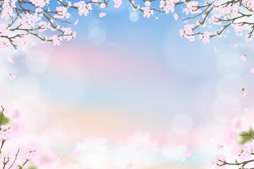 Obraz na płótnie Canvas Spring cherry blossom on blue and pink pastel sky background, Vector illustration Pink sakura flower blooming on springtime with falling petals, Sweet background banner for Spring or Summer sale