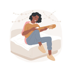 Learning to play music isolated cartoon vector illustration. Attractive teenage girl learning to play guitar, creative hobby, compose music, sound recording, sing favorite song vector cartoon.