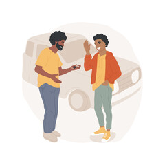 First car isolated cartoon vector illustration. Parents give teenage son first car as a birthday present, holding keys, permission to drive, family relationship, happy teen vector cartoon.