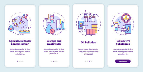 Fototapeta na wymiar Types of water contamination onboarding mobile app screen. Oil pollution walkthrough 4 steps graphic instructions pages with linear concepts. UI, UX, GUI template. Myriad Pro-Bold, Regular fonts used