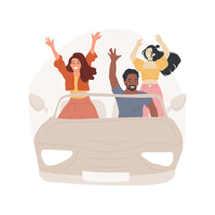 Driving cabriolet isolated cartoon vector illustration. Group of diverse teenagers having fun, leisure time, driving cabriolet, friends hanging out, racing, taking photos vector cartoon.