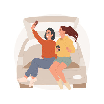 Hanging Out On A Parking Lot Isolated Cartoon Vector Illustration. Girls Sitting In Trunk, Hanging Out And Taking Selfie, Teens Leisure Time, Women Having Fun, Outdoor Activity Vector Cartoon.