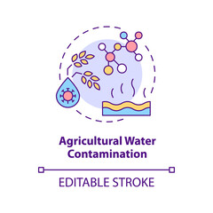 Agricultural water contamination concept icon. Water pollution type abstract idea thin line illustration. Pesticides usage. Isolated outline drawing. Editable stroke. Arial, Myriad Pro-Bold fonts used