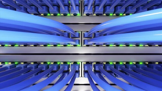 Network infrastructure with huge amount network switches in the server room with blinking interface leds. Telecom technology with internet networking communication in the cloud hosting datacenter.