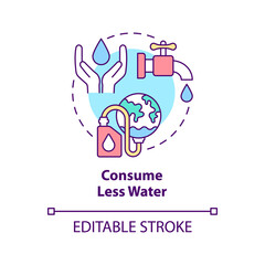 Consume less water concept icon. Water protection practice abstract idea thin line illustration. Conservation practice. Isolated outline drawing. Editable stroke. Arial, Myriad Pro-Bold fonts used