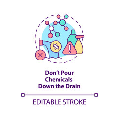 Dont pour chemicals down drain concept icon. Combat water contamination abstract idea thin line illustration. Isolated outline drawing. Editable stroke. Arial, Myriad Pro-Bold fonts used