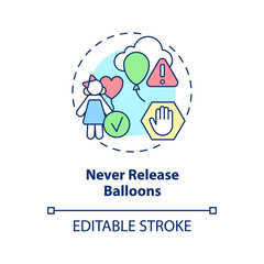 Never release balloons concept icon. Ocean life protection abstract idea thin line illustration. Plastic pollution. Isolated outline drawing. Editable stroke. Arial, Myriad Pro-Bold fonts used