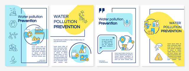 Reducing water pollution blue and yellow brochure template. Conservation tips. Leaflet design with linear icons. 4 vector layouts for presentation, annual reports. Questrial, Lato-Regular fonts used