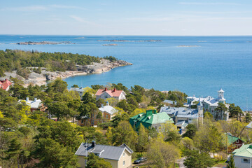 Fototapeta na wymiar View of the Hanko town, old wooden villas and sea, Finland