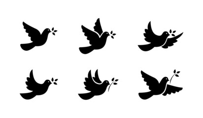 Black dove icon set. Peace symbol collection. Flying pigeon with branch icon set. Vector graphic
