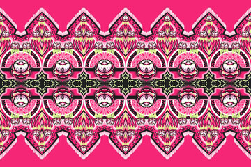 Pink, Green, White Black Flower on Pink. Geometric ethnic oriental pattern traditional Design for background,carpet,wallpaper,clothing,wrapping,Batik,fabric,  illustration embroidery style