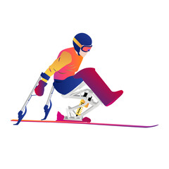 Abstract man skiing on mono-ski isolated on white background. Vector graphic illustration. para-alpine skiing