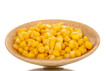 Bright yellow canned corn kernels in white ceramic saucer, macro, isolated on white background.