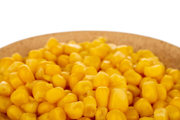 Bright yellow canned corn kernels in white ceramic saucer, macro, isolated on white background.