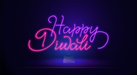 Happy Diwali, a banner in a bright neon style on a stand. Vector illustration of a illuminated neon banner, Diwali Festival of lights. Indian Festival of Lights, Flames and Fireworks.