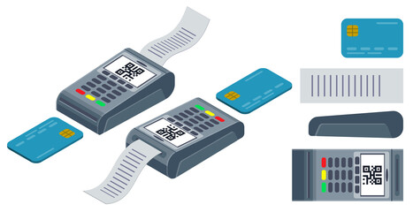 POS NFC Payment machine. NFC terminal, card payment transfer. Texture for 3D. Isometric turnaround.