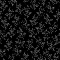 Vector black and white illustration. Floral seamless pattern. Bouquet of wild flowers. Hand drawn flower field. simple flowers. Flowering heads of field chamomile. Outline drawing.