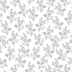 Fototapeta premium Vector black and white illustration. Floral seamless pattern. Bouquet of wild flowers. Hand drawn flower field. simple flowers. Flowering heads of field chamomile. Outline drawing.
