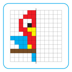 Picture reflection educational game for kids. Learn to complete symmetrical worksheets for preschool activities. Tasks for coloring grid pages, picture mosaics, or pixel art. Finish the parrot bird.