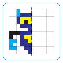 Picture reflection educational game for kids. Learn to complete symmetrical worksheets for preschool activities. Tasks for coloring grid pages, picture mosaics, or pixel art. Finish the robot.