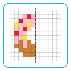 Picture reflection educational game for kids. Learn to complete symmetrical worksheets for preschool activities. Tasks for coloring grid pages, picture mosaics, or pixel art. Finish the donuts.