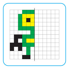 Picture reflection educational game for kids. Learn to complete symmetrical worksheets for preschool activities. Tasks for coloring grid pages, picture mosaics, or pixel art. Finish the ninja robots.