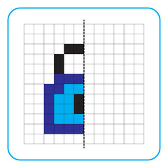 Picture reflection educational game for kids. Learn to complete symmetrical worksheets for preschool activities. Tasks for coloring grid pages, picture mosaics, or pixel art. Finish the padlock.