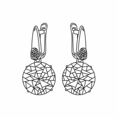 Sketch one line drawing of diamonds earrings icon in silhouette on a white background. Linear stylized.