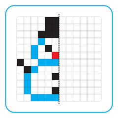 Picture reflection educational game for kids. Learn to complete symmetrical worksheets for preschool activities. Tasks for coloring grid pages, picture mosaics, or pixel art. Finish the snowman.