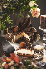 Still life of chocolate cake with mascarpone cream