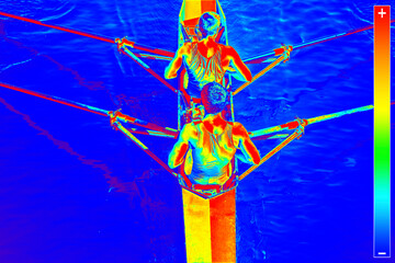 Thermal image of two rowers in a boat, rowing on the tranquil lake
