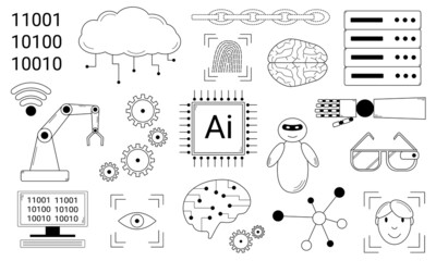 Hand-drawn set of illustrations about artificial intelligence.
