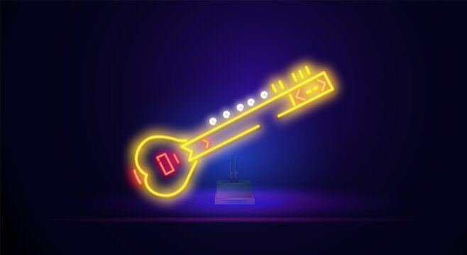 The glowing neon line of the sitar is an icon of a classical musical instrument isolated on a dark background. Vector