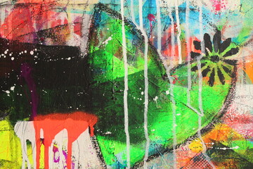 Grunge style abstract painting with a neon green heart and dripping paint.