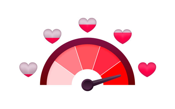 Love meter, heart indicator. Valentines day concept. High speed. Vector stock illustration.