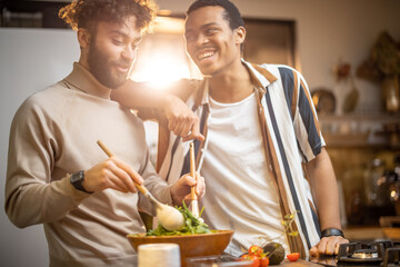 Two guys of different ethnicity having fun while making salad together on kitchen. Concept of gay...