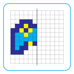 Picture reflection educational game for children. Learn to complete symmetrical worksheets for preschool activities. Coloring grid pages, visual perception and pixel art. Finish the game console.