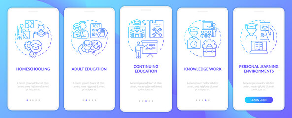 Lifelong learning contexts blue gradient onboarding mobile app screen. Walkthrough 5 steps graphic instructions pages with linear concepts. UI, UX, GUI template. Myriad Pro-Bold, Regular fonts used