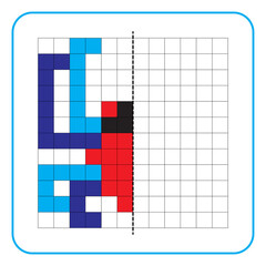 Picture reflection educational game for children. Learn to complete symmetrical worksheets for preschool activities. Coloring grid pages, visual perception and pixel art. Finish the spider images.
